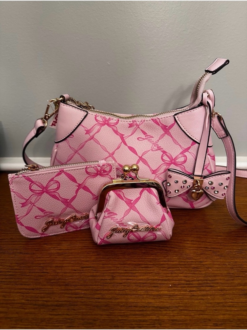 Juicy Couture Pink Bow Pattern Crossbody Bag Set with Charm